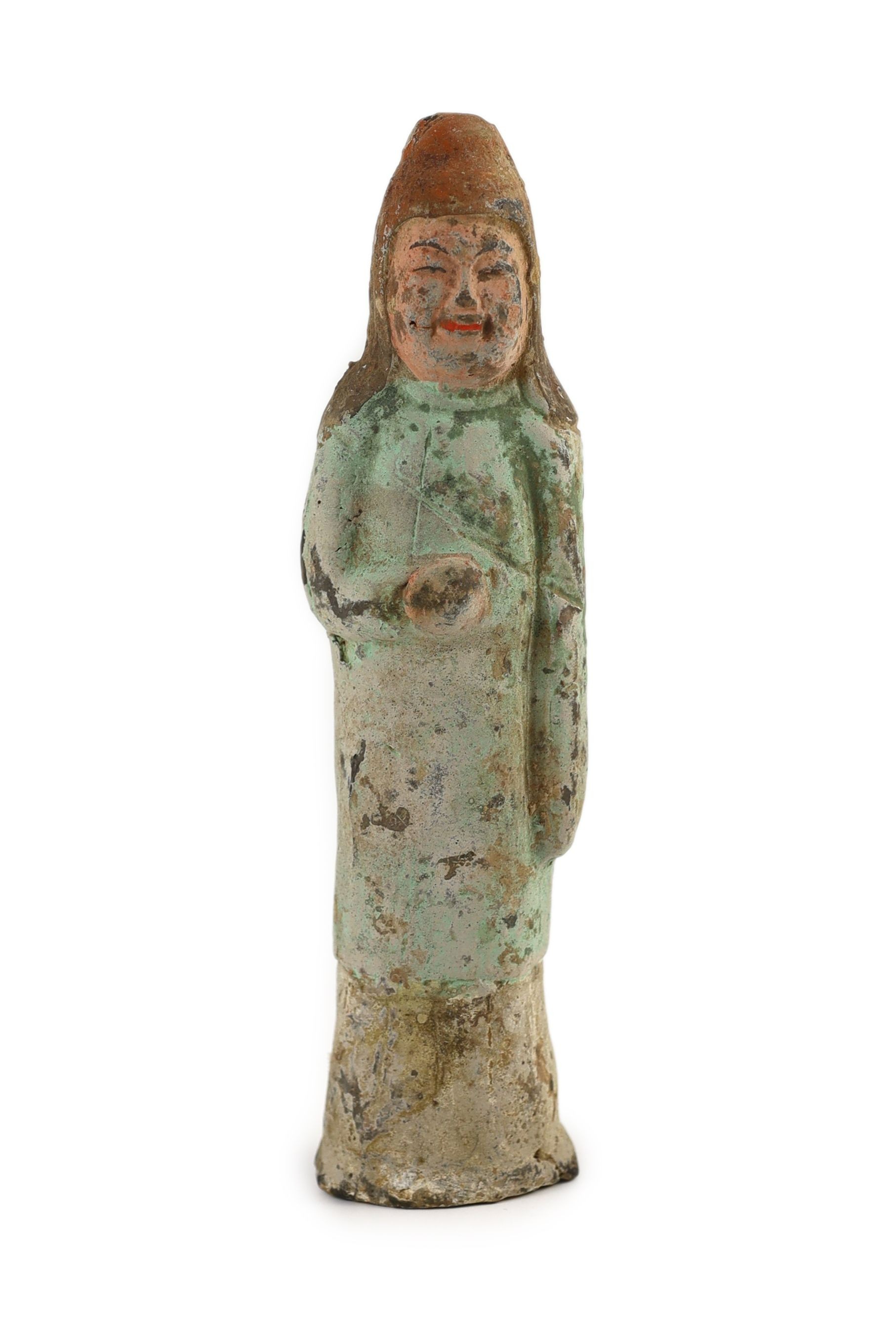 A Chinese painted terracotta figure of a warrior, Northern Wei dynasty, 24 cm high